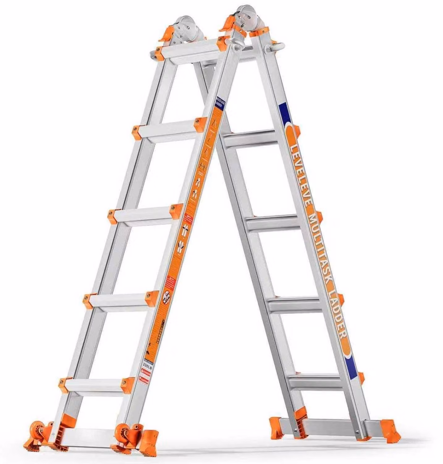 Scala multiuso in alluminio, 5 metri, portata massima di 150 kg, estensibile, pieghevole e dotata di ruote