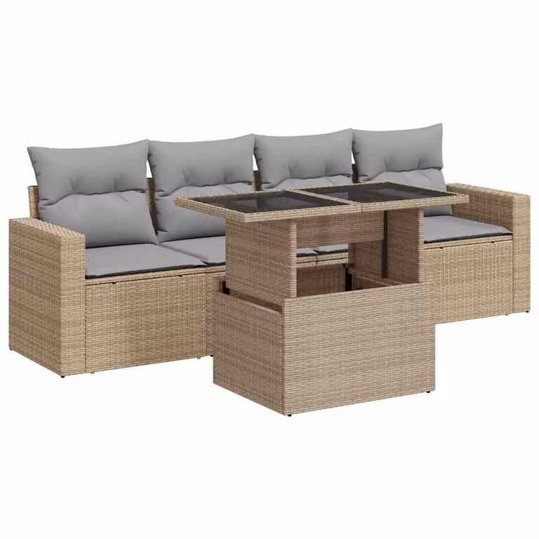Set Divano da Giardino 5 pz con Cuscini Beige in Polyrattan