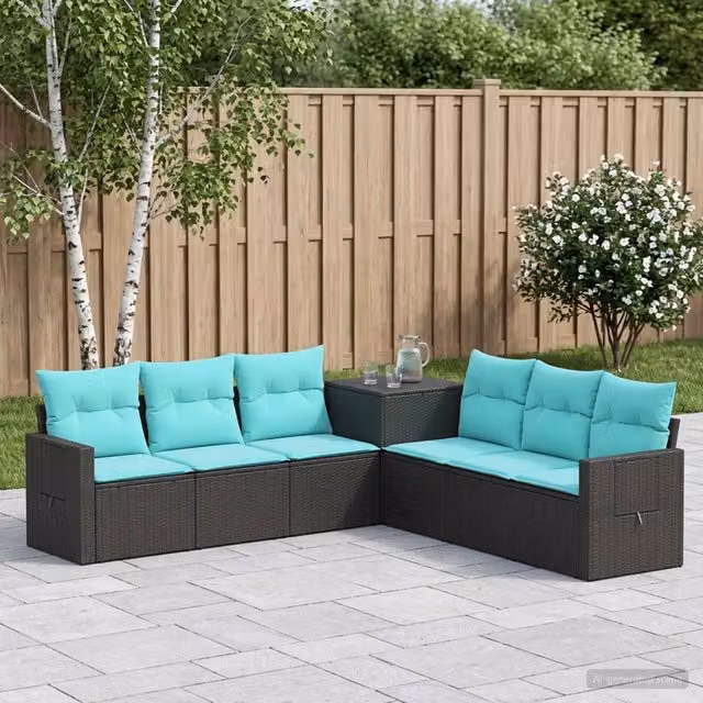 Set di divani da giardino vidaXL in rattan sintetico e metallo, 7 pezzi, nero e blu – 1