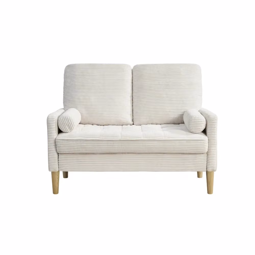 Divano 2 posti Minimal in tessuto beige e bianco con cuscini e struttura in legno massello in stile scandinavo – 2
