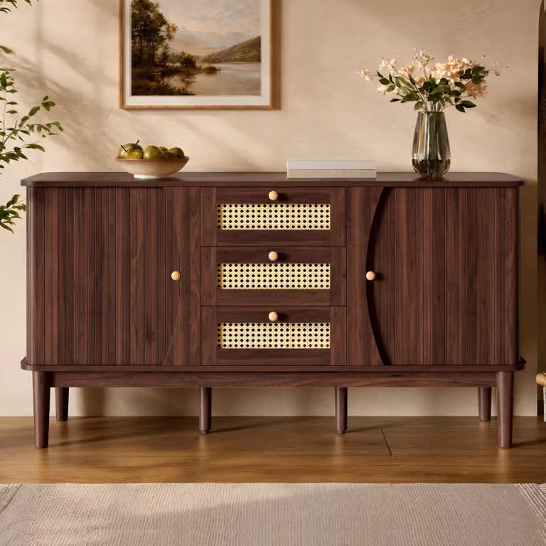 Credenza Merax 140 cm, mobile in rattan con 3 cassetti e 2 ante scorrevoli, rustico, aspetto legno, spazio di archiviazione soggiorno corridoio, noce