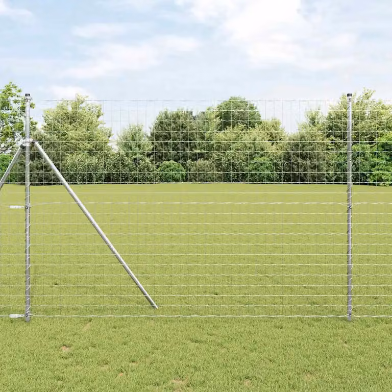vidaXL Recinzione in rete metallica galvanizzata argentata con fissaggio a terra, L: 10 m, H: 1,5 m