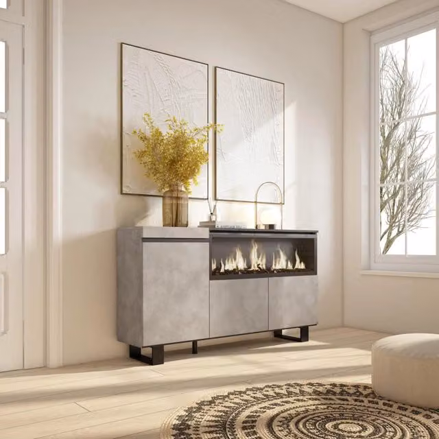 Credenza, Mobile, 158x35x87cm, 3 Porte, Camino elettrico XXL, Design industriale, grigio cemento RF3289