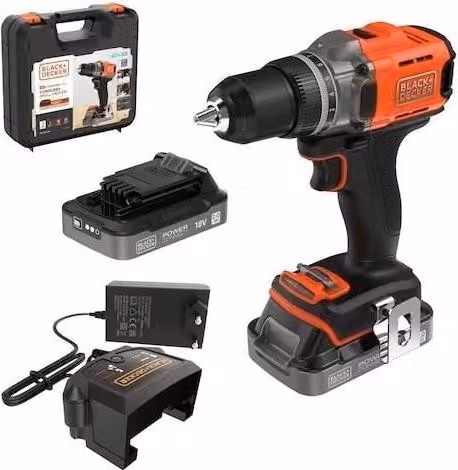 Trapano avvitatore a batteria 18 V, 2 batterie da 2 Ah, caricabatterie incluso, BLACK+DECKER BCD382D2XK-QW, con valigetta di trasporto