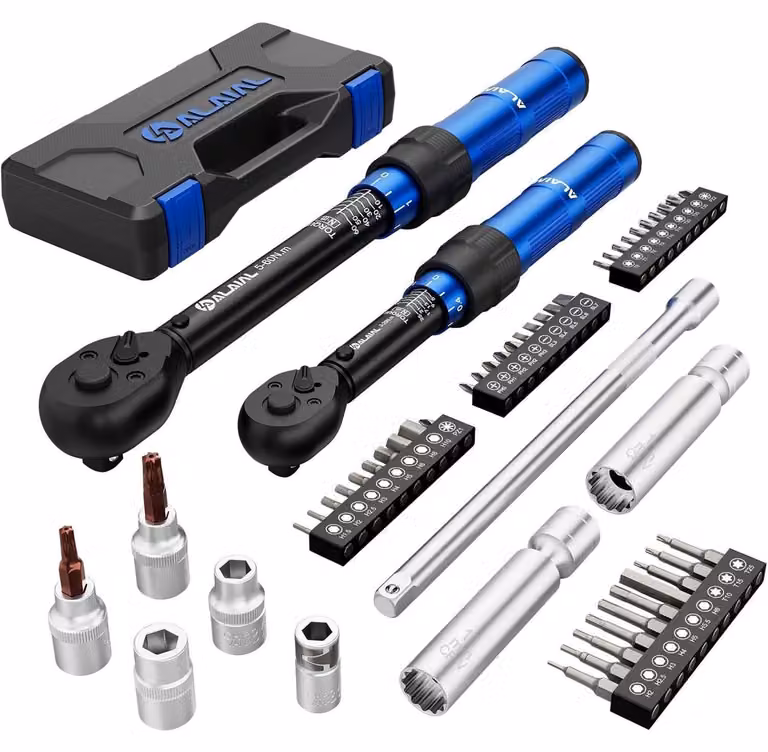 Set di chiavi dinamometriche da 50 pezzi, 1/4" e 3/8", con range da 3-25 Nm e 5-60 Nm, e accessori per auto, moto e biciclette