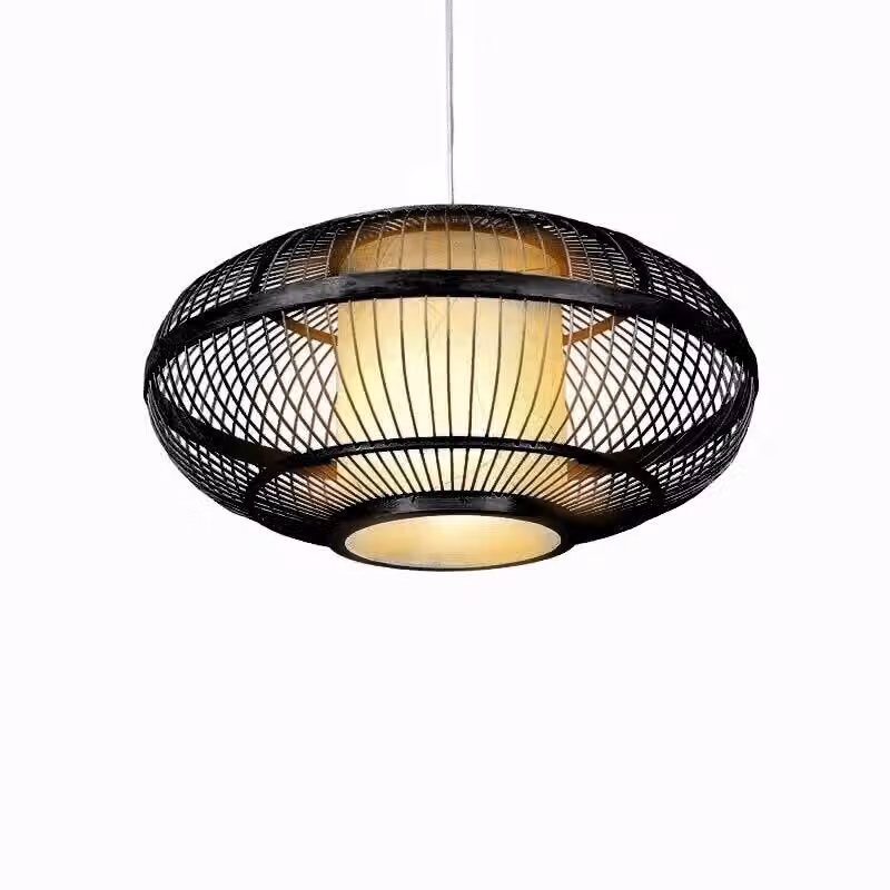 Fine Asianliving Bamboo Hanging Lamp Lampada a sospensione Nero fatto a mano - Jake D60xH30cm Lampada a sospensione Illuminazione Paralume di bambù Tessuto Lampada Illuminazione Rotan