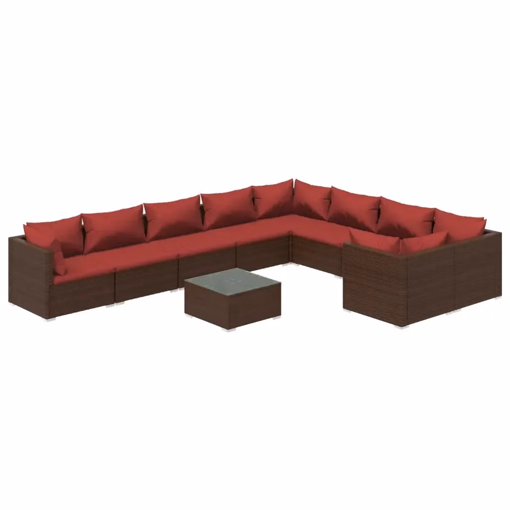 Set di Divani da Giardino a Forma di U con Tavolino da esterno vidaXL, Polyrattan Marrone e Rosso con Cuscini Inclusi – 2