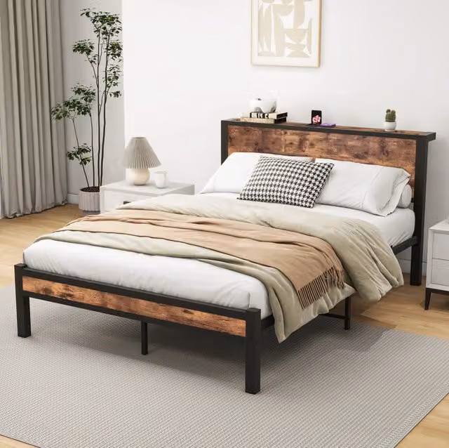 Letto matrimoniale 140x200 cm in metallo e MDF con contenitore