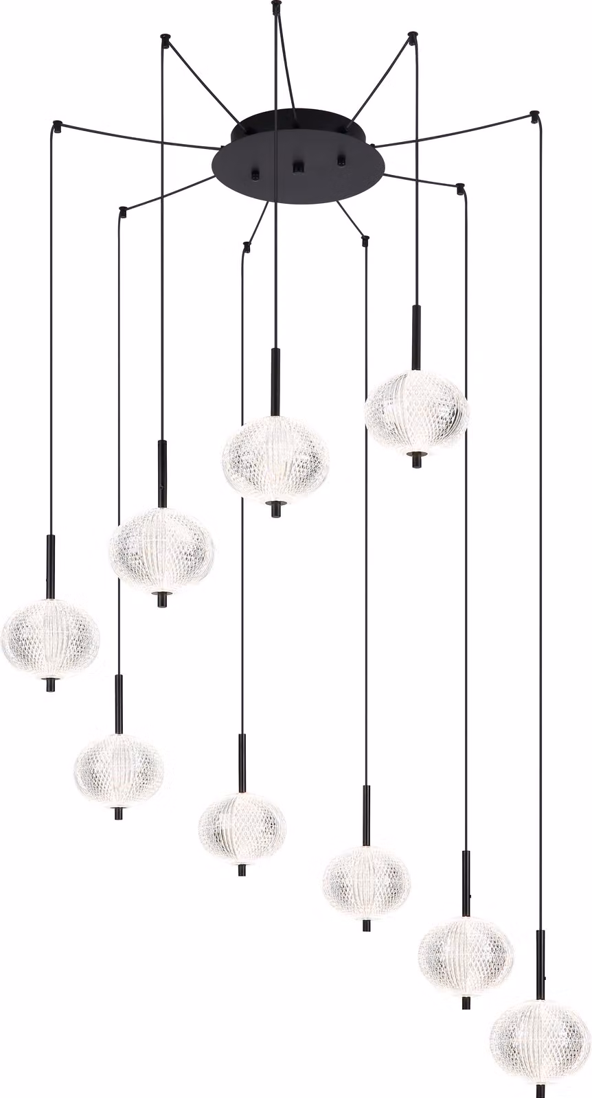 Lampada a sospensione Globo Lighting, struttura in metallo nero opaco, diffusore in acrilico trasparente, cavo in PVC nero. Dotata di diverse intensità regolabili tramite interruttore a parete, colori fissabili, funzione di memoria, altezza regolabile, di