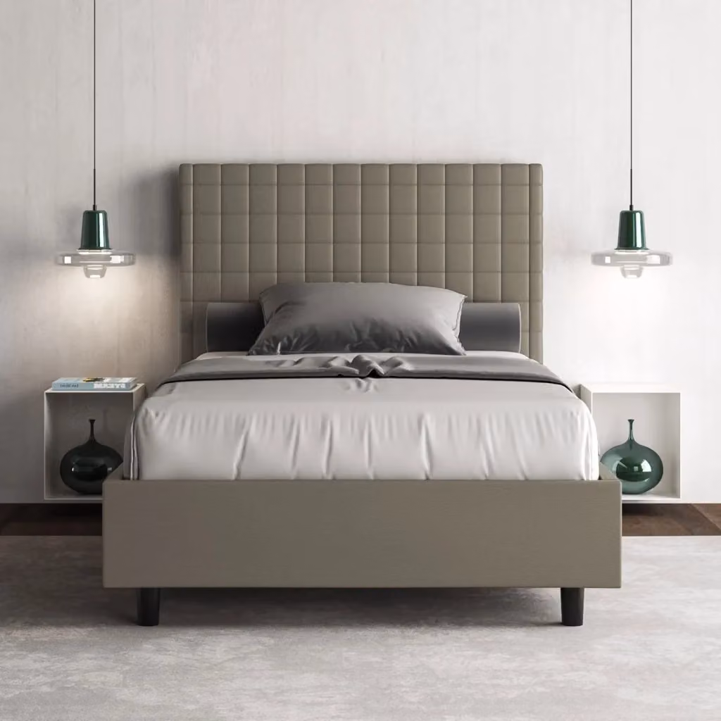 BS COM Letto singolo con contenitore imbottito in similpelle color cappuccino L: 100 cm, P: 190 cm – 2
