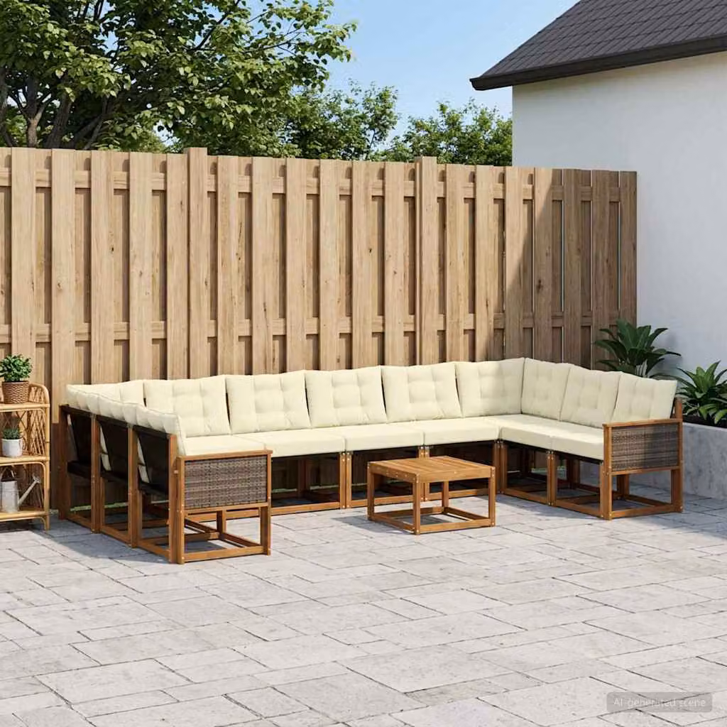Set di divani da esterno vidaXL 11 pezzi in legno di acacia con cuscini, colore naturale e crema