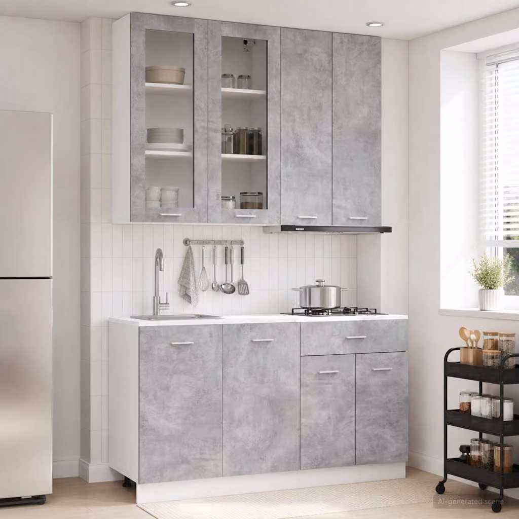 Set di mobili da cucina moderna vidaXL LYON composto da 4 pezzi in grigio con ante in vetro e finitura opaca