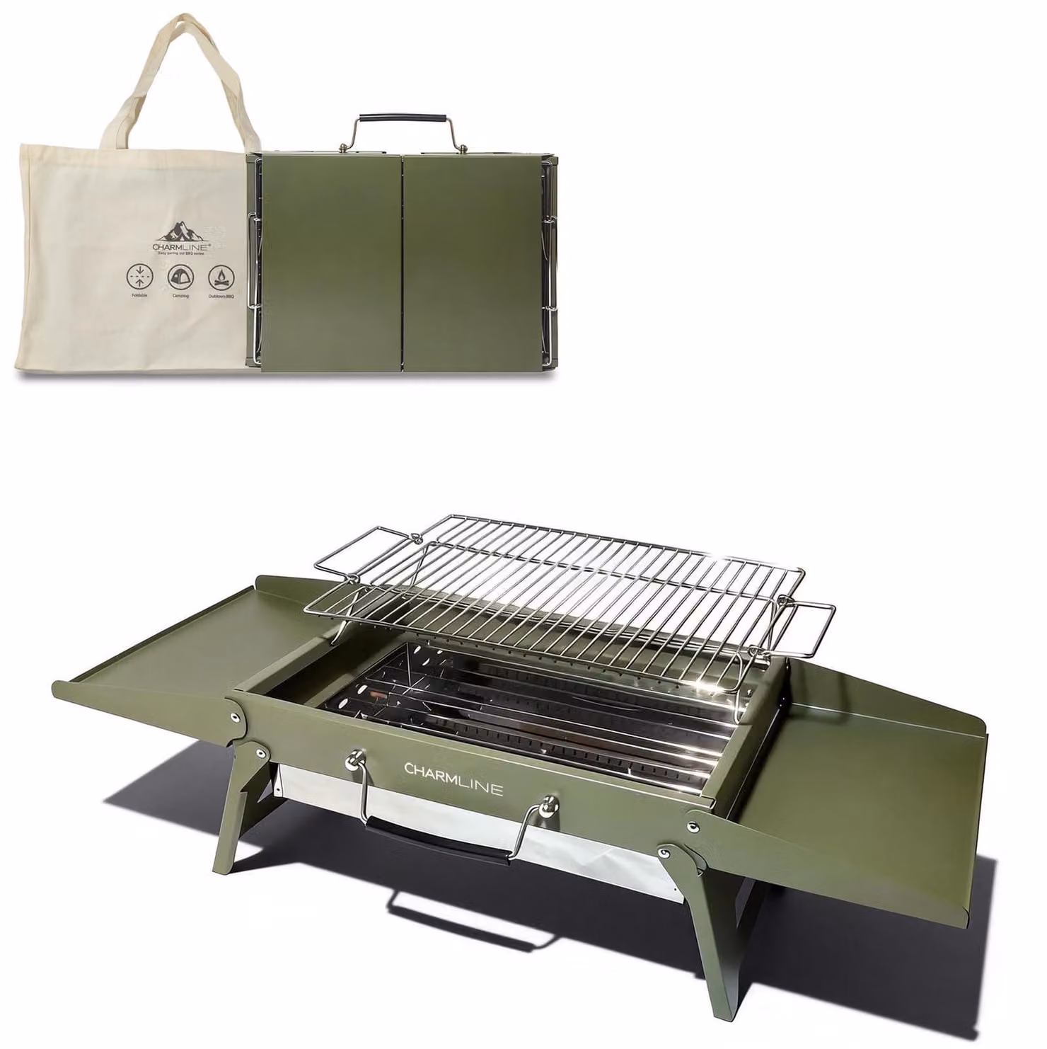 Griglia a carbone da campeggio pieghevole - 39 x 27 cm - Verde - Per 2-4 persone