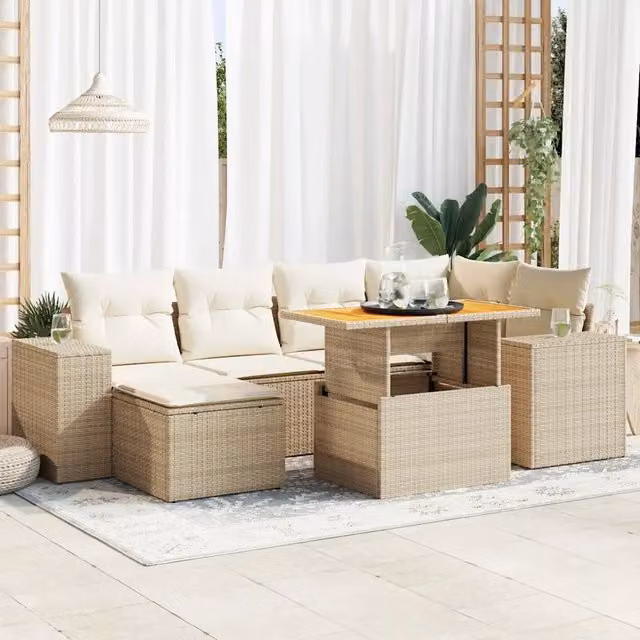 Set Divani da Giardino 7 pz con Cuscini Beige in Polyrattan 3327397