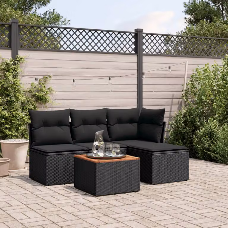 vidaXL Set Divani da Giardino a L 5 pz in Polyrattan Nero con Cuscini e Tavolino da Esterno