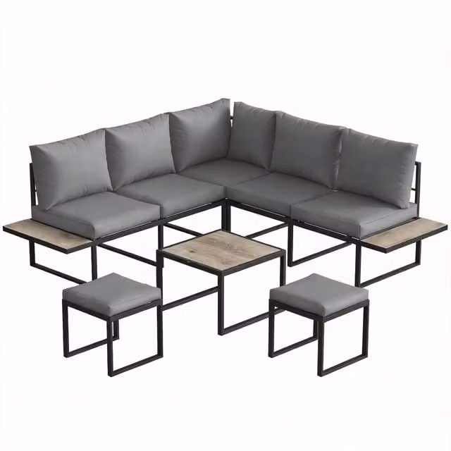 Set da salotto da giardino modulare Outsunny per 6 persone con tavolino e piani laterali in legno e metallo, colore grigio, comprensivo di cuscini spessi 10 cm