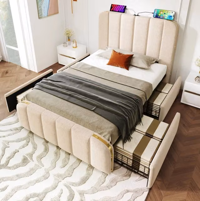 Letto singolo imbottito 90x200 cm con USB e USB C; 4 cassetti; lino beige
