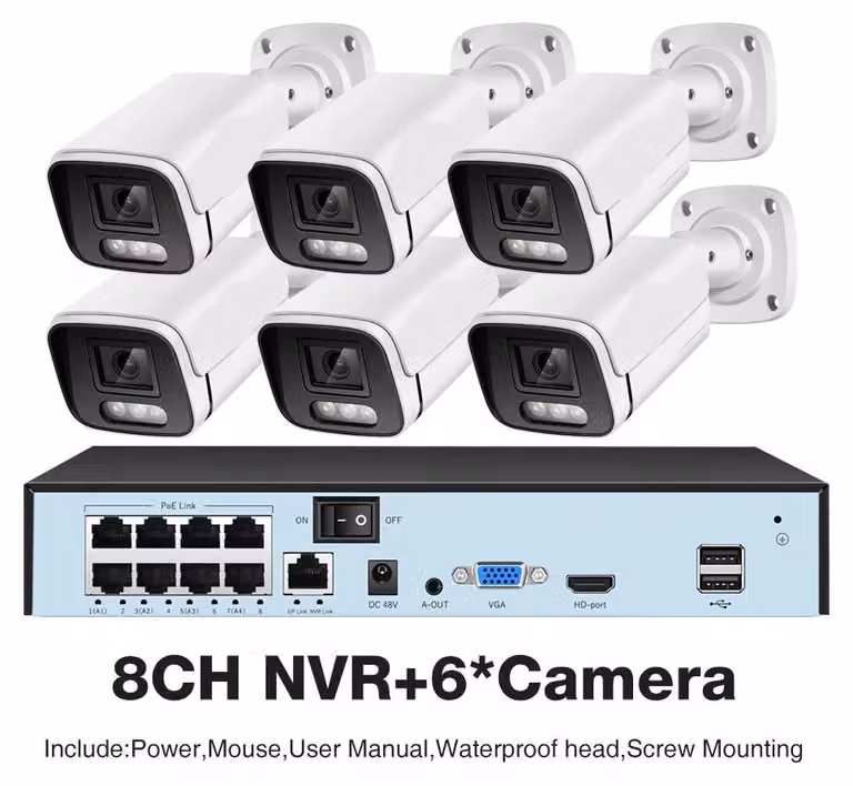 Sistema di videosorveglianza con 6 telecamere, videoregistratore NVR a 8 canali, hard disk da 2TB e rilevamento del movimento tramite intelligenza artificiale
