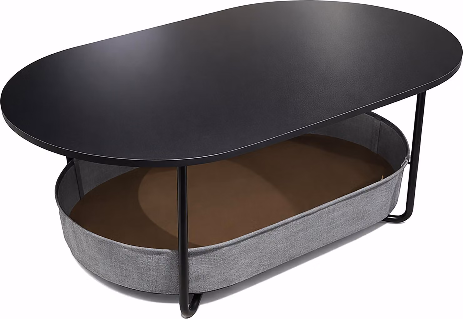 Tavolino Relaxdays, con cesto in tessuto, ovale, tavolino con vano portaoggetti, L x P x A 55x100x45 cm, MDF e ferro, nero-grigio scuro