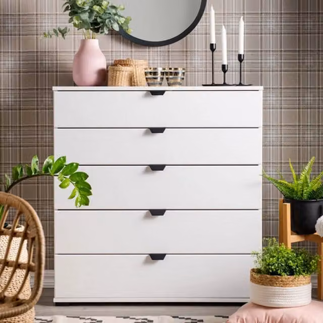 Cassettiera Mainarda con 5 cassetti in stile moderno, colore bianco, L 90 cm x P 40 cm x H 95 cm