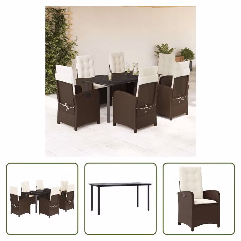 The Living Store Set da pranzo da giardino 7 pezzi con cuscini in polirattan marrone