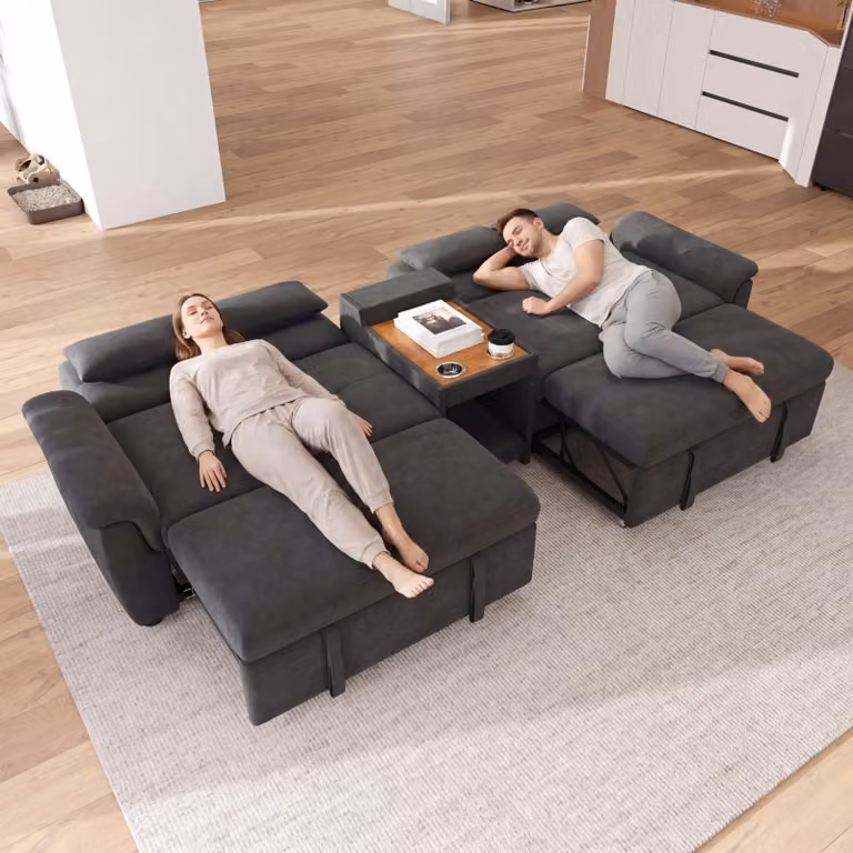 Divano letto trasformabile Merax, modello a "U", con possibilità di trasformazione in letto matrimoniale, divano letto a 4 posti con area per animali domestici, portabicchieri, 4 cuscini, tessuto in chenille, colore grigio scuro