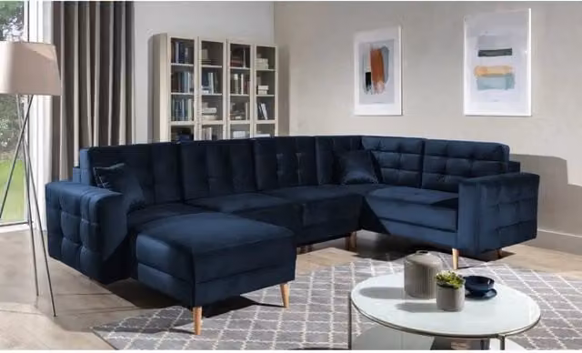 Divano angolare panoramico convertibile U HASGARD MEUBLORAMA blu notte in velluto con contenitore e funzione letto L: 326 cm – 1