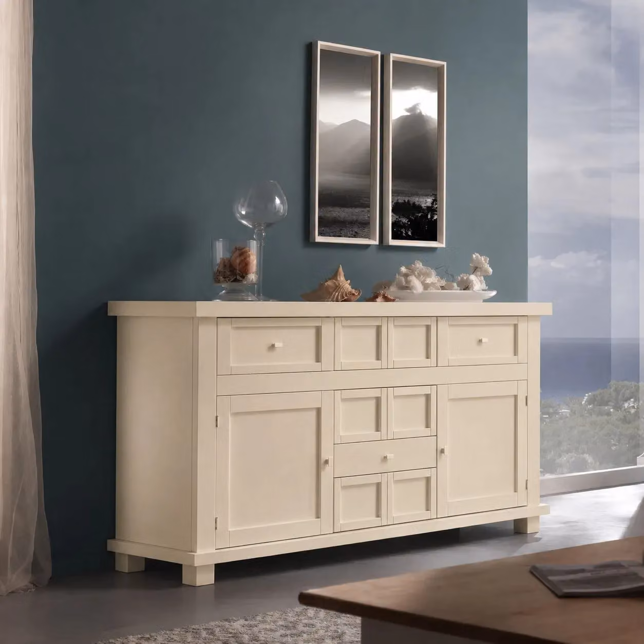 Madia credenza moderna Mobili 2G in legno massello con 2 ante e 5 cassetti colore grigio L: 166 cm, P: 50 cm, H: 86 cm – 1