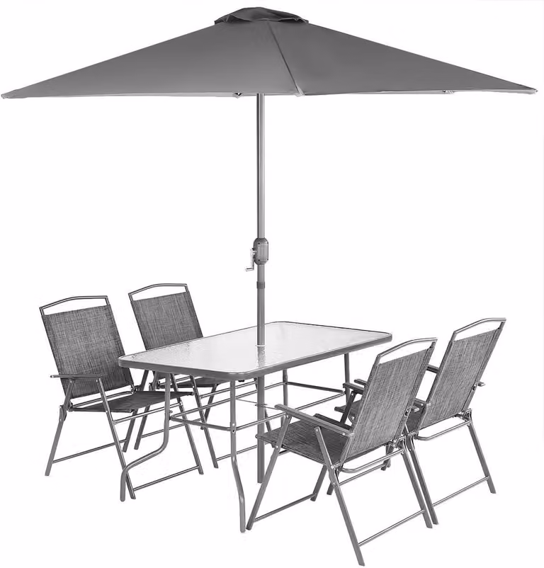 Set da giardino composto da tavolo, 4 sedie e ombrellone grigio