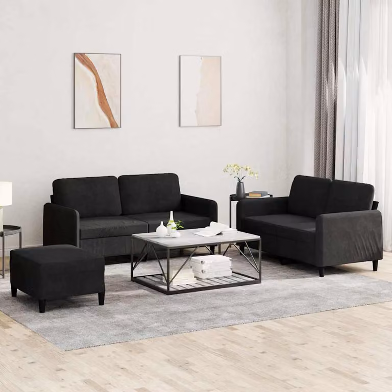 Set di divani 3 pezzi vidaXL in velluto nero per soggiorno con cuscini inclusi