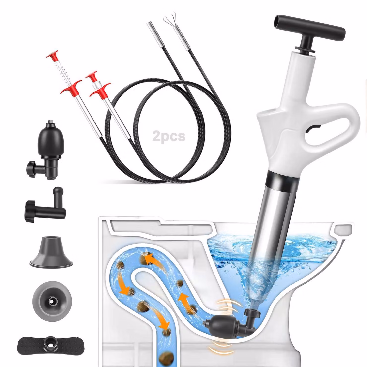 Inovra - Pulitore per scarichi professionale ad aria compressa ad alta pressione - Sgrassatore per WC - Sgrassatore per lavandini - Sgrassatore per docce - 4 testine intercambiabili - Indicatore della pressione dell'aria