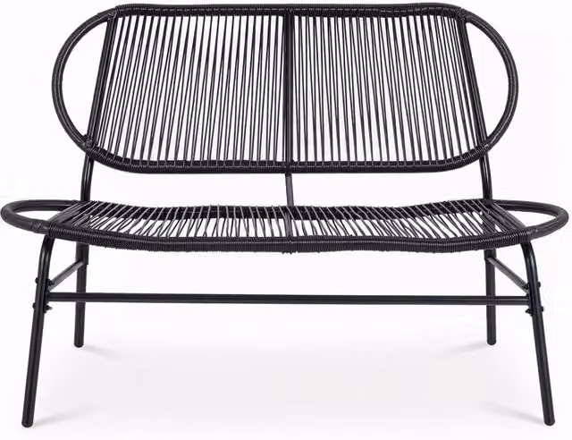 Panchina da esterno moderna in metallo e polyrattan nero con schienale ergonomico e braccioli per giardino, balcone o terrazza