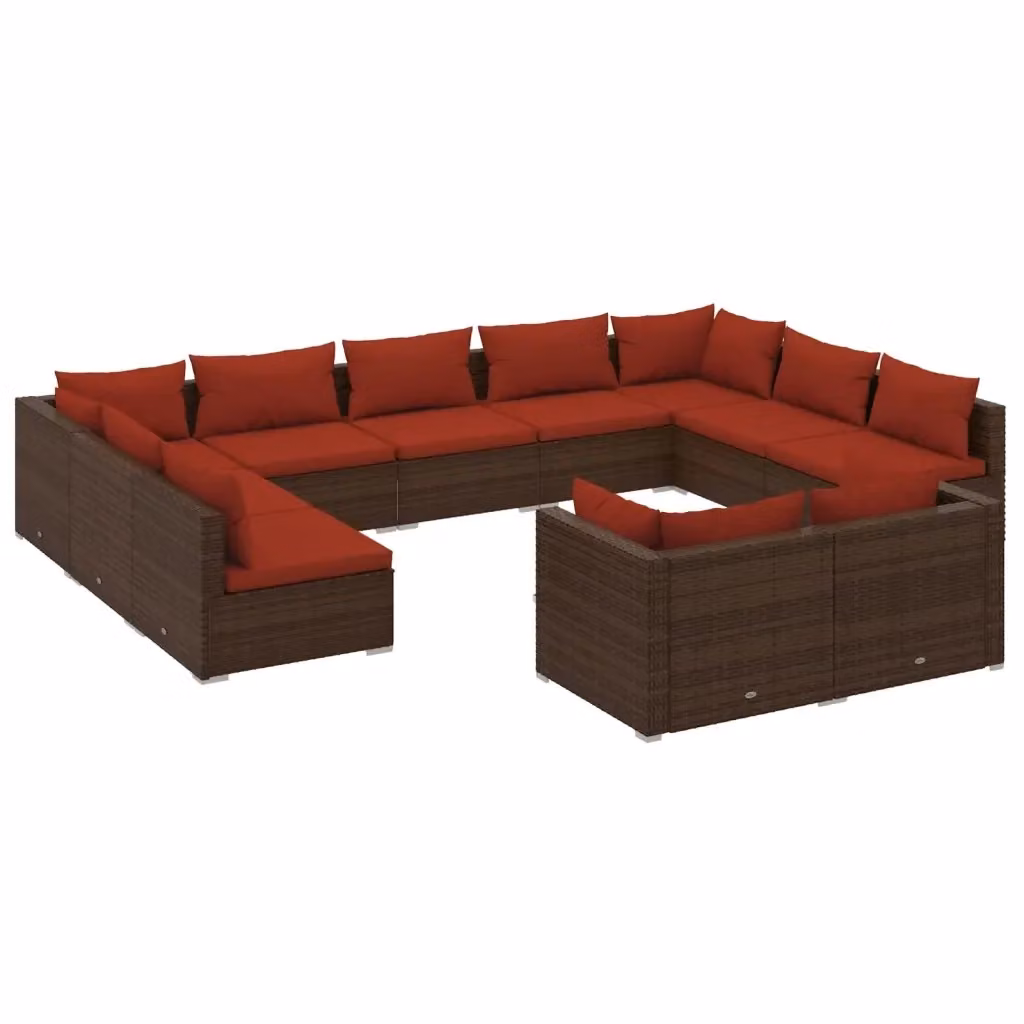 Set di divani da giardino a forma di U vidaXL composto da 11 pezzi con cuscini in polyrattan marrone e rosso e struttura in metallo – 2