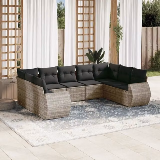 Set Divano da Giardino 9 pz con Cuscini Grigio in Polyrattan 3221799