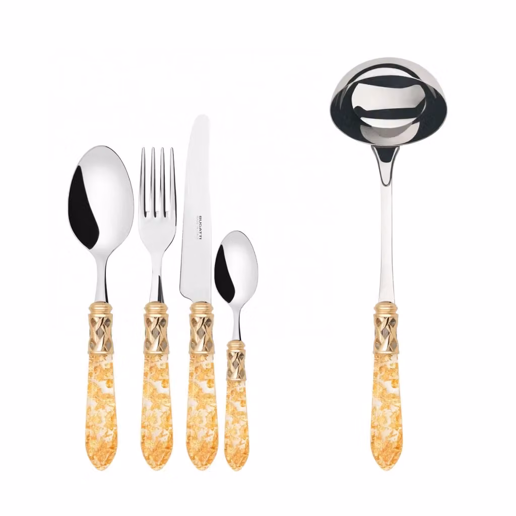Set di posate Aladdin 49 pezzi in acciaio inossidabile con ghiera dorata e custodia Wengè, colore oro