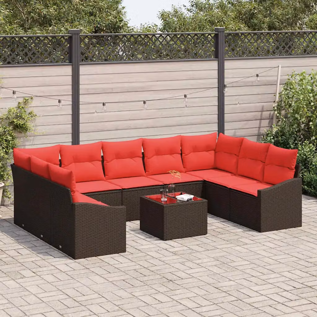 Set di divani da giardino vidaXL a forma di U in rattan marrone con cuscini e tavolino da caffè