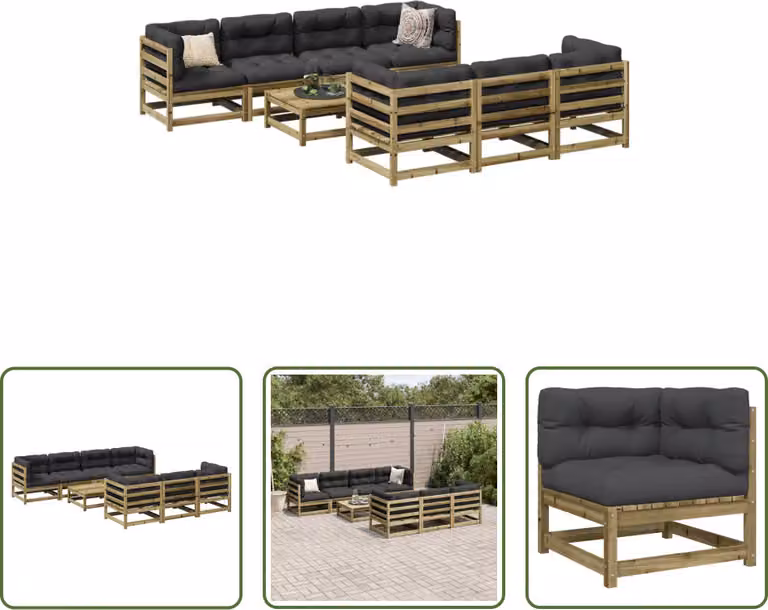 The Living Store Set di divani da giardino 8 pezzi con cuscini in legno di pino impregnato