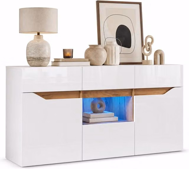 Credenza moderna Chicfurn per soggiorno con illuminazione LED integrata, 4 cassetti e 2 vani, finitura lucida bianco e marrone, L 140 x P 40 x H 70 cm