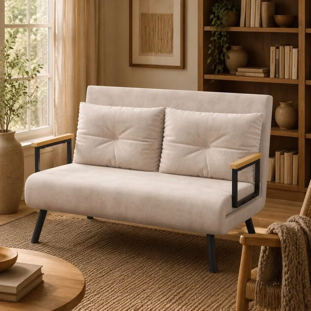 Poltrona letto reclinabile MIVRAY in poliestere beige con braccioli in legno e struttura in metallo, 5 posizioni, L: 81 cm, P: 102 cm, H: 73 cm – 2