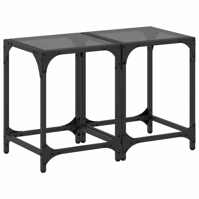 Tavolini da Salotto con Piano Vetro Nero 2pz 30x30x40cm Acciaio