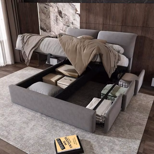 Letto Contenitore Imbottito con Testiera ¨C MINIMAL ¨C Velluto Grigio 140x200 cm