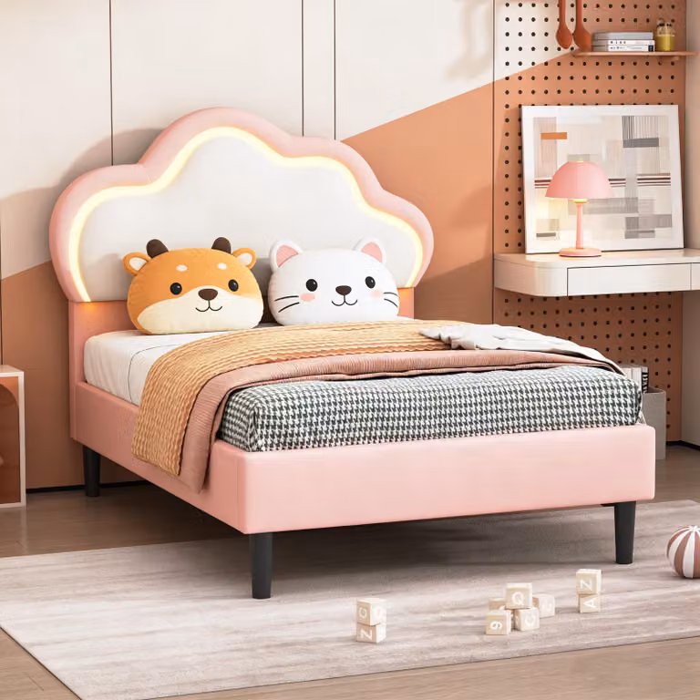 Letto per bambini INONEFT, 90x200 cm, con luci LED, letto imbottito per adolescenti con rete a doghe, letto singolo in legno con poggiatesta regolabile a forma di nuvola