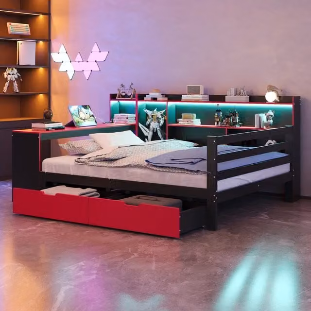 Letto divano matrimoniale 200×140 cm con scrivania, 2 cassetti, LED e prese USB, senza materasso, nero e rosso