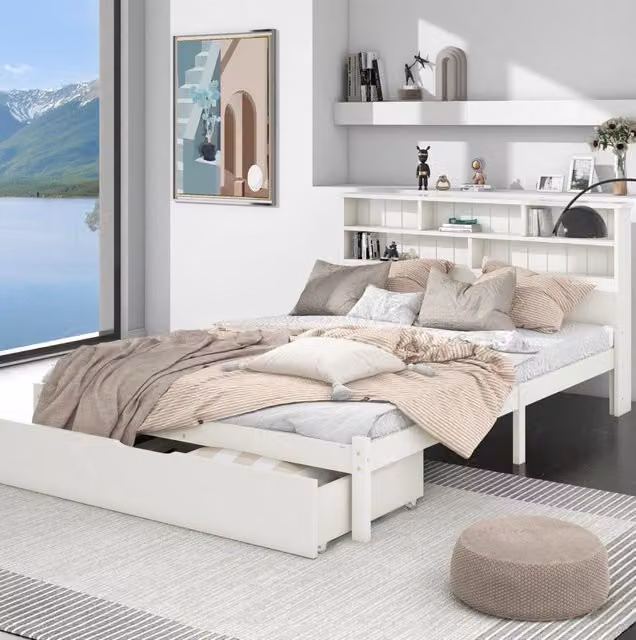 Letto matrimoniale ULEVR 140x200 cm bianco con testiera libreria a 6 vani e cassetti laterali