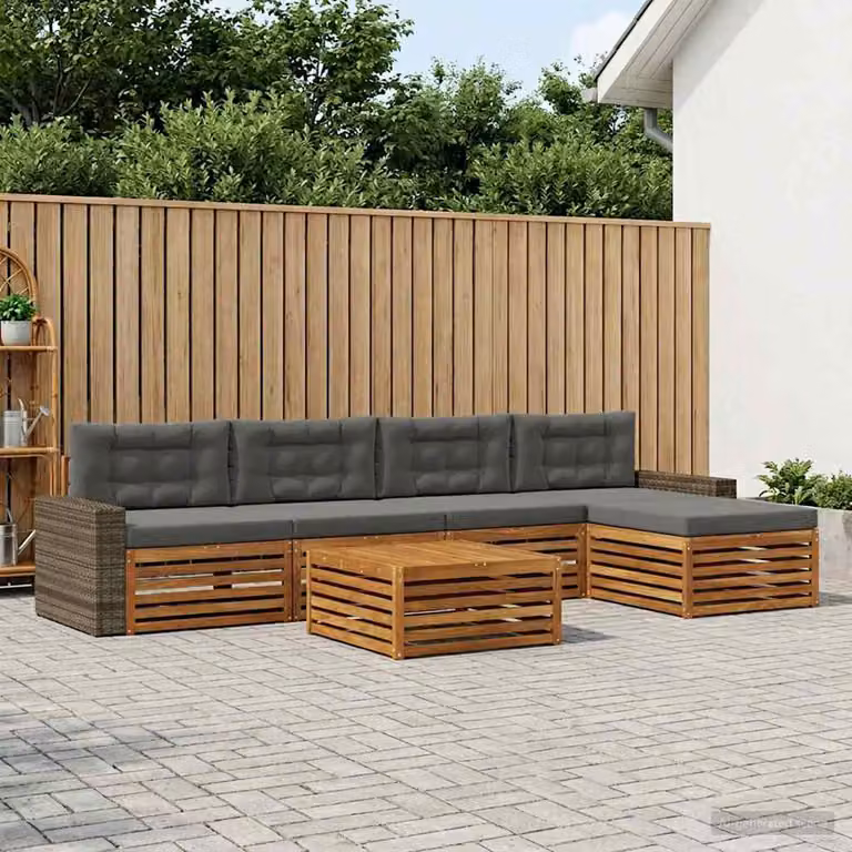vidaXL Set di divani da esterno a L composto da 6 pezzi in legno di acacia con cuscini beige e antracite e tavolino coordinato