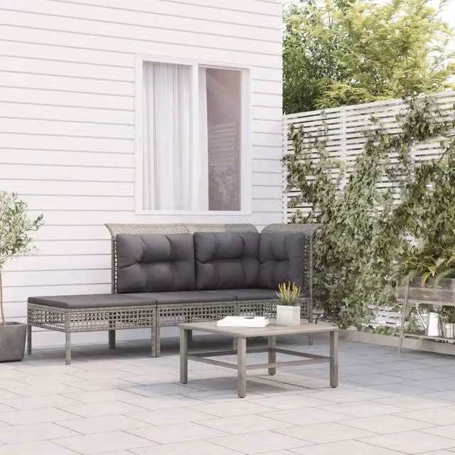 Set di divani da giardino a L con cuscini vidaXL in rattan grigio e struttura in metallo