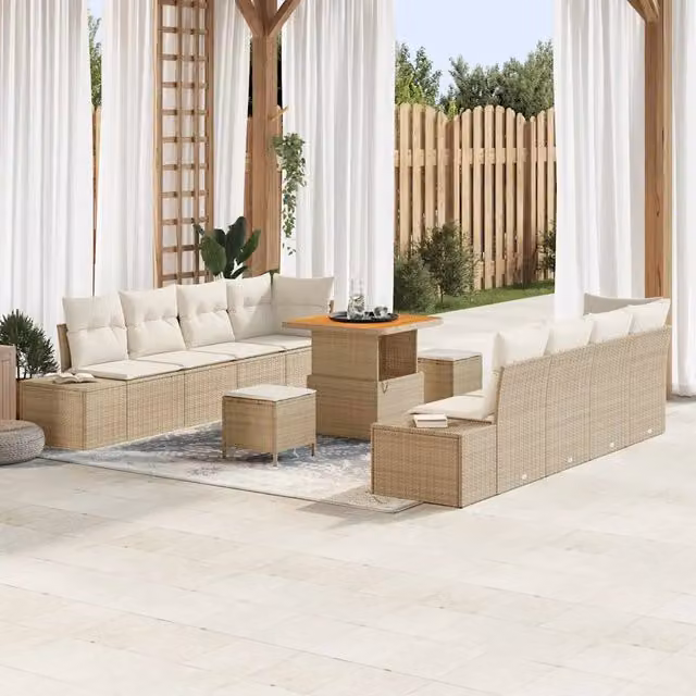 Set Divano da Giardino a Forma di U con Tavolino e Ottoman vidaXL Beige in Rattan e Acciaio