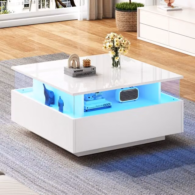 Tavolino basso moderno MIVRAY bianco lucido con LED controllabili tramite app, 2 cassetti e vano trasparente