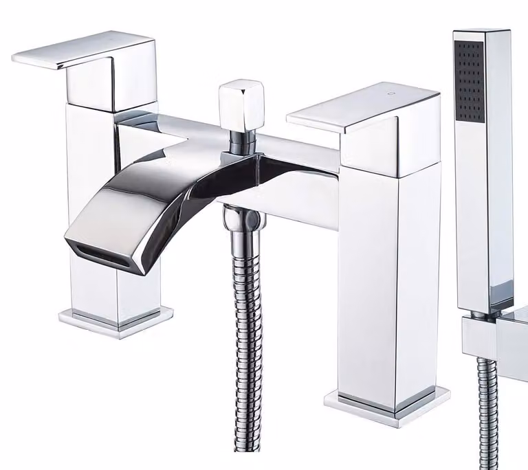 Miscelatore per lavabo a cascata con doccetta, 2 fori, cromato, in ottone