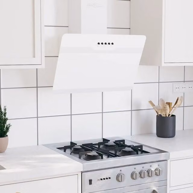Cappa a parete vidaXL in acciaio, vetro e alluminio, colore bianco, con display LED, per aspirazione o ricircolo, L: 60 cm, P: 33 cm, H: 63,5 cm